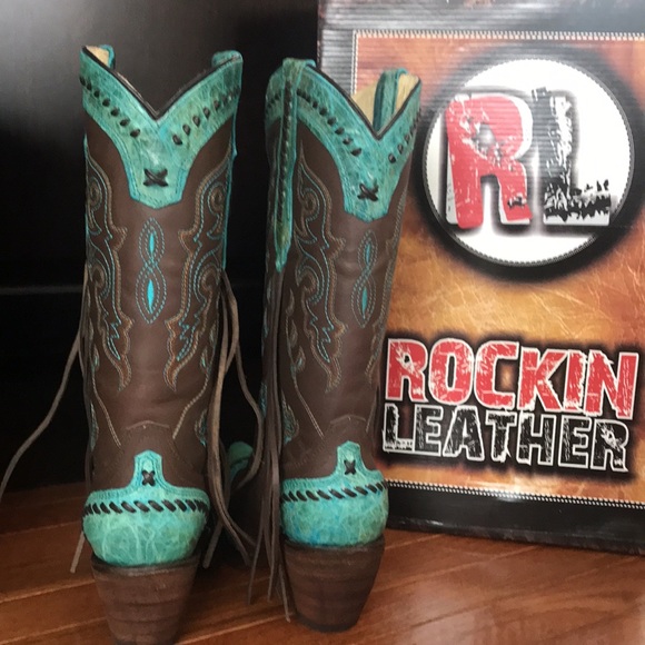 New Leather fringe brown and teal cowgirl boots ! Amazing quality 🤩 - Picture 3 of 5